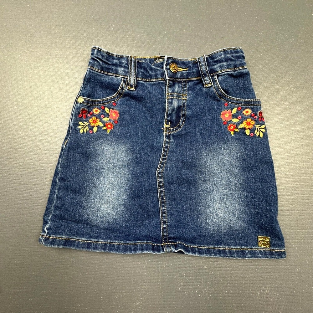 Deux Par Deux Girls Size 5 Blue Denim Skirt Embroidered Floral Poodle Jean Kids